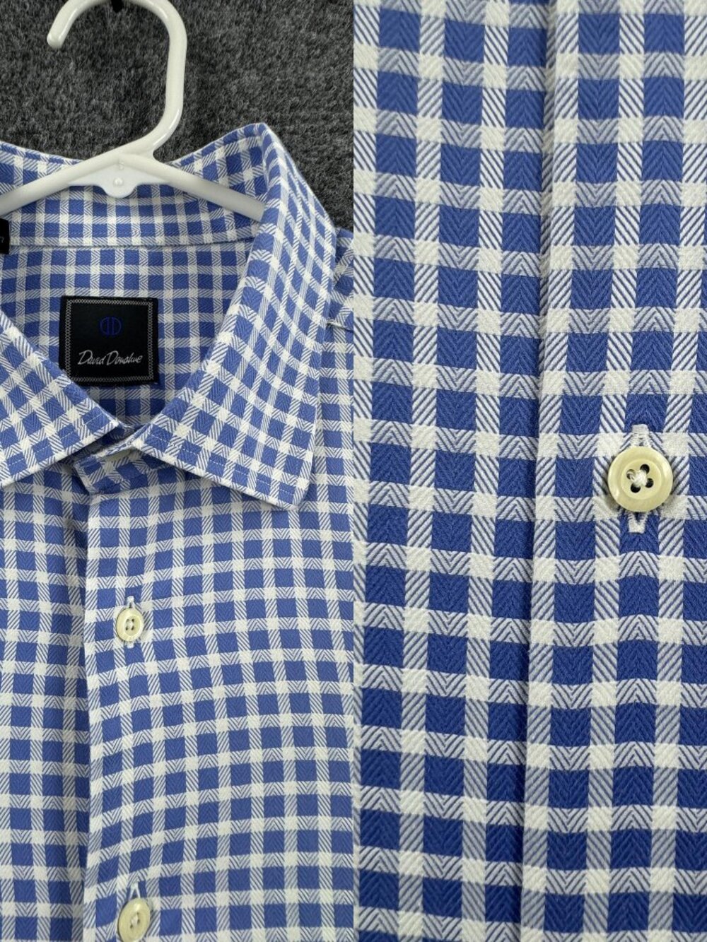 David Donahue 17.5 36/37 Check Blue White Point Men Cotton Long Sleeve Shirt
